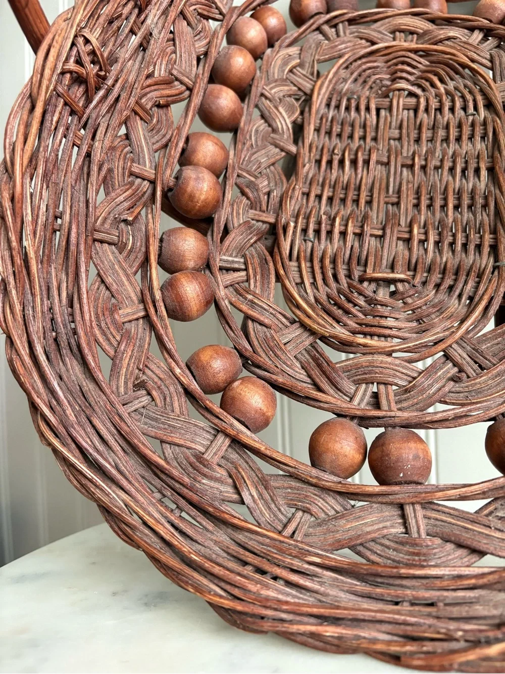 Vintage Wicker Beaded Gathering Basket Brown Stick and Ball Primitive Boho VTG